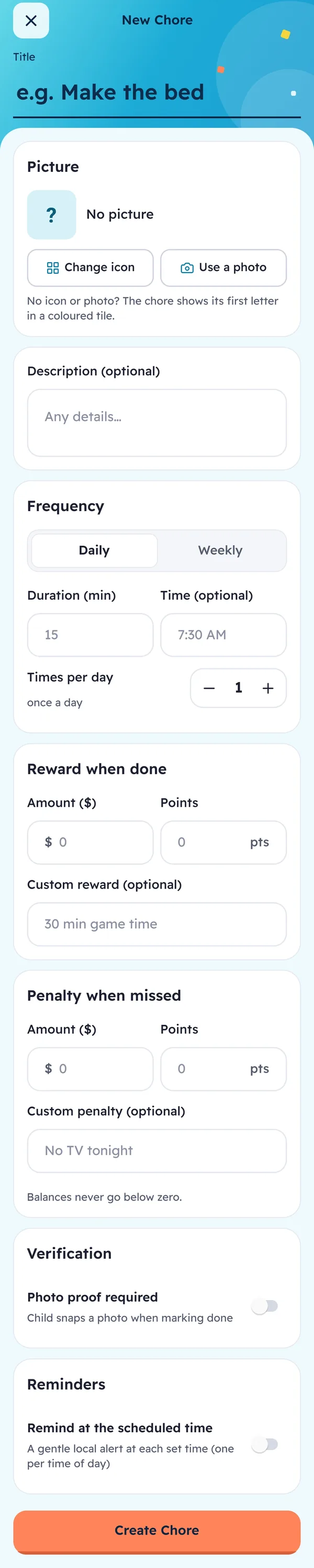 The New Chore form, scrolling from title and picture down to rewards, penalties, verification and reminders